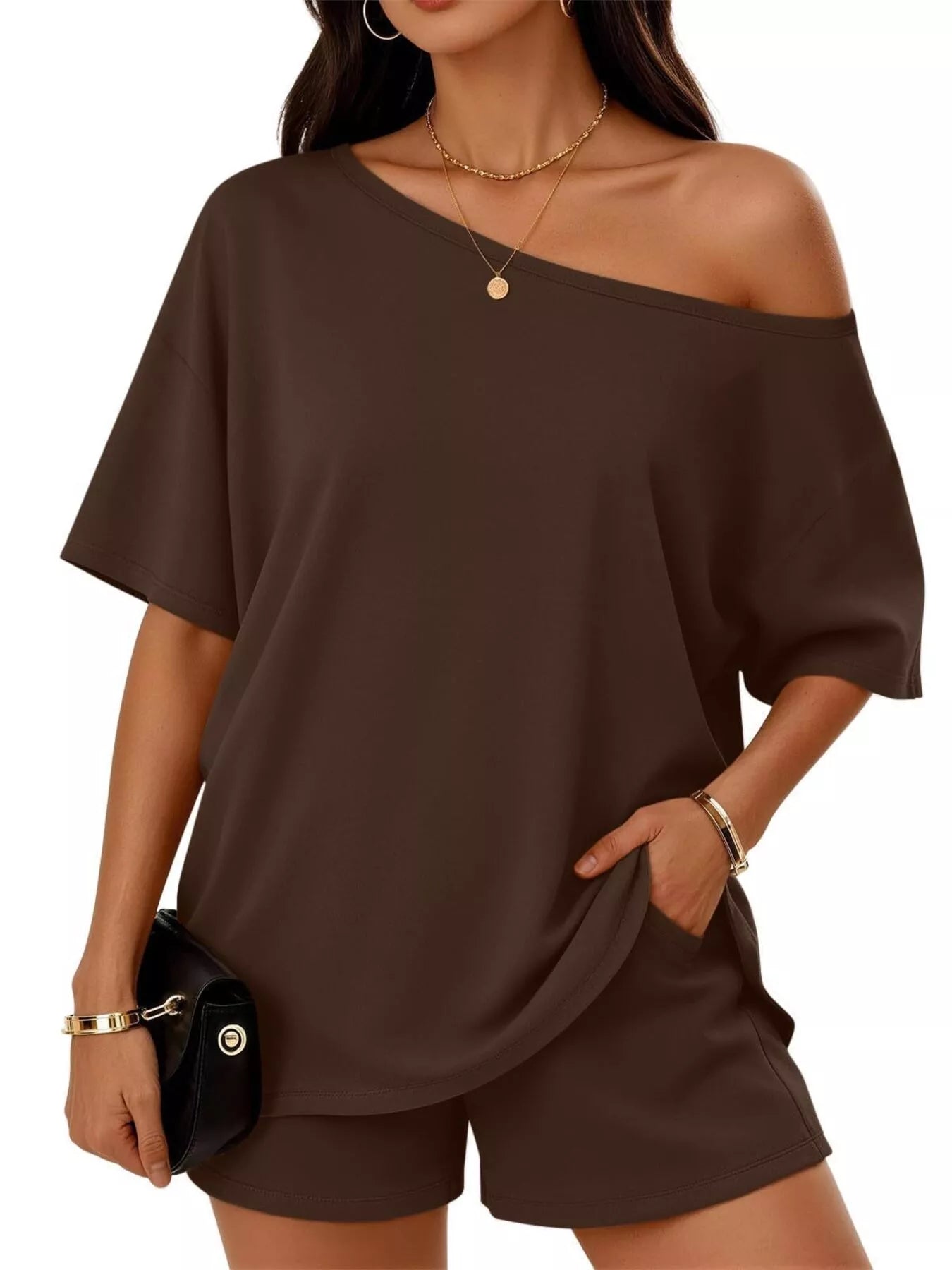Full Size One Shoulder Top and Shorts Set Plus Size