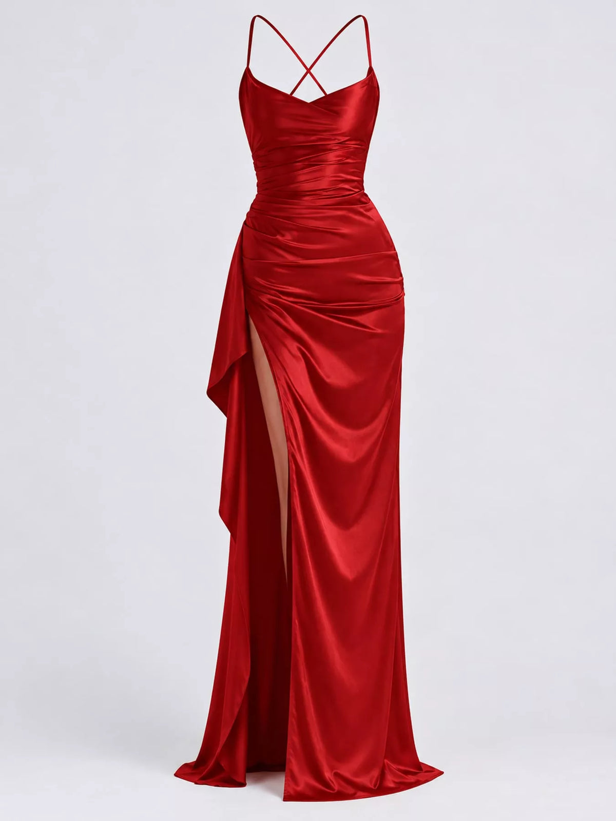 Satin ruched high-slit maxi dress, view 20