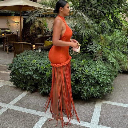 Tassel hanging neck backless solid color dress