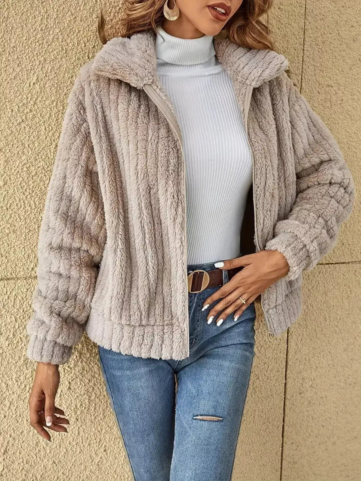 Full Size Faux Fur Zip-Up Outerwear Plus Size