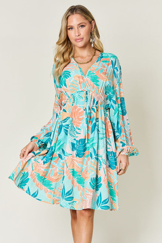 Printed V-Neck Drawstring Dress