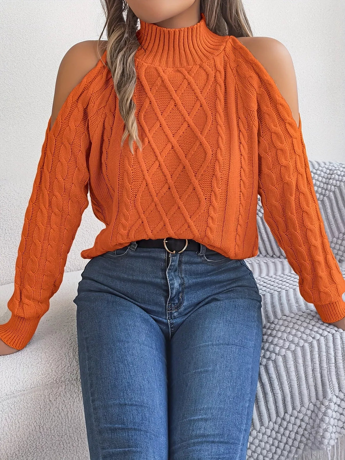 Cold-shoulder cable knit sweater in 5 colors, S to XL