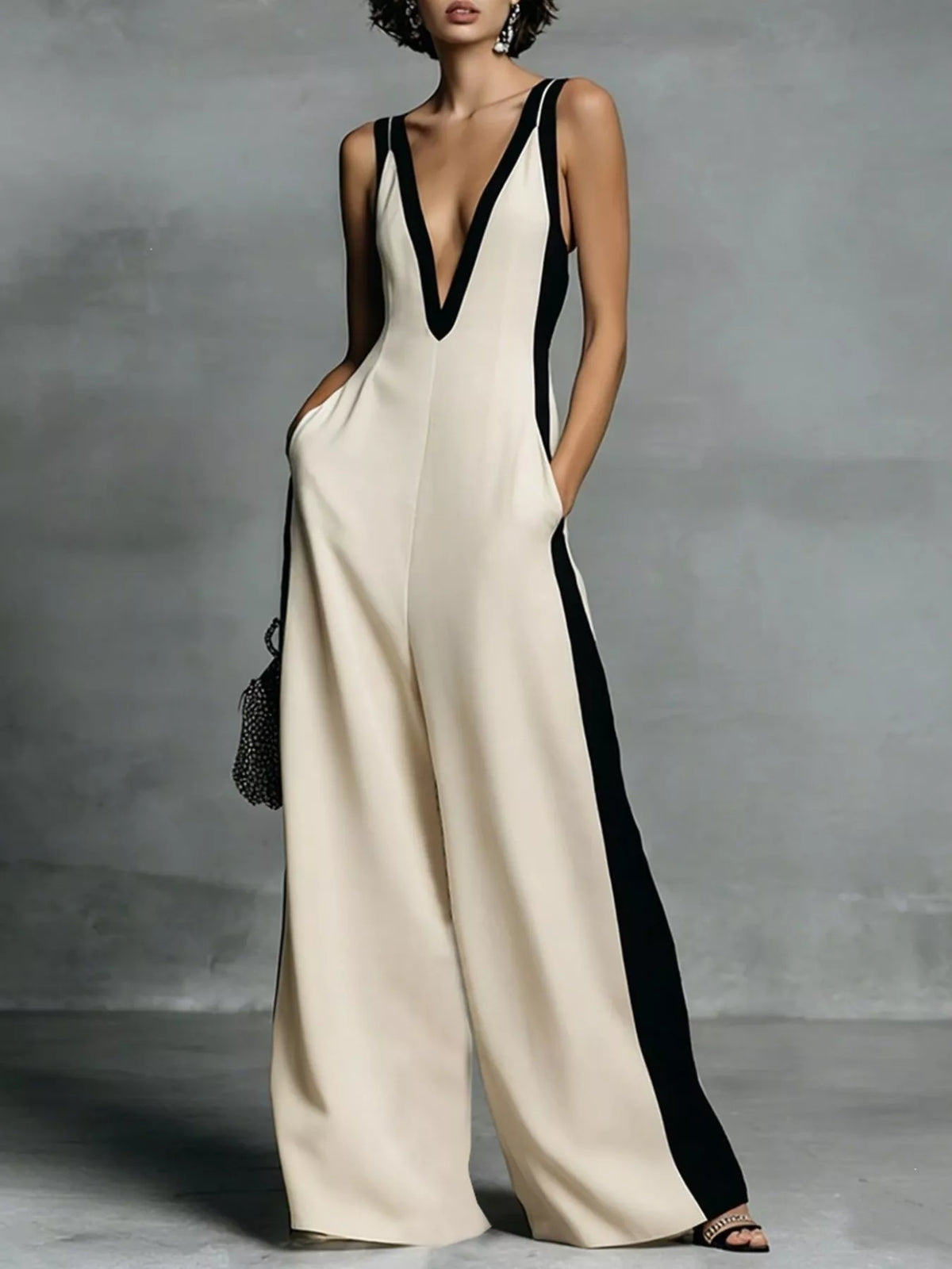 Deep V-Neck Wide-Leg Jumpsuit