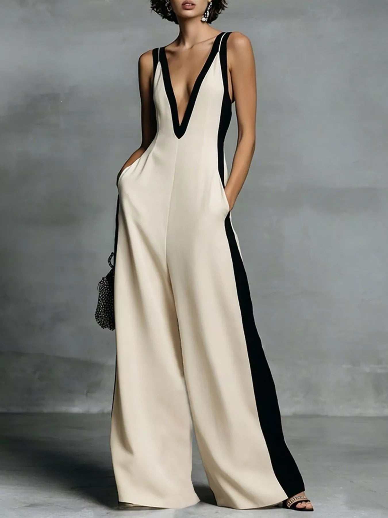 Deep V-Neck Wide-Leg Jumpsuit