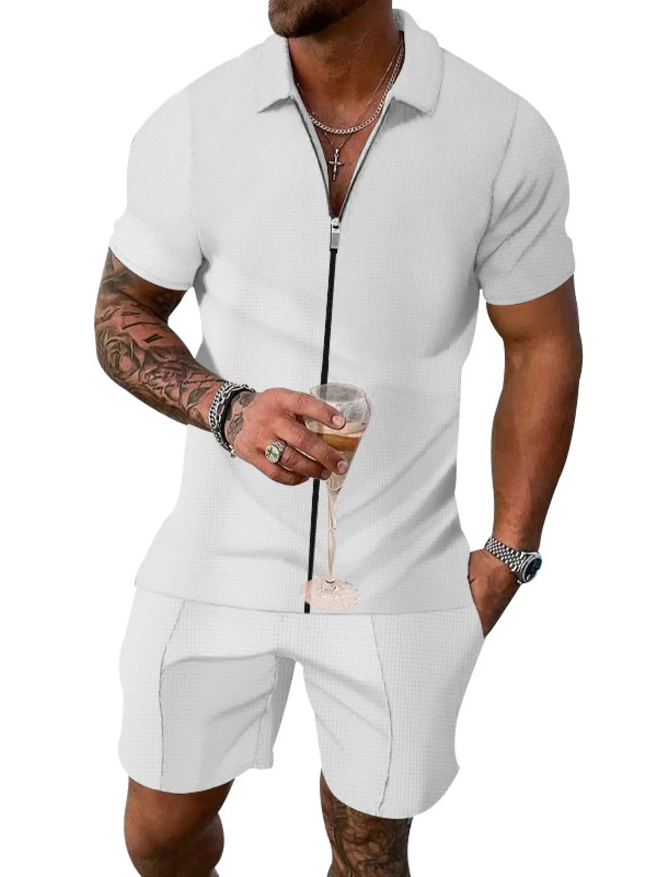 Men's Zip Up Short Sleeve Top and Shorts Set