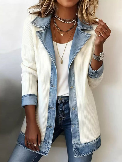 Full Size Denim Trim Ribbed Knit Jacket Plus Size
