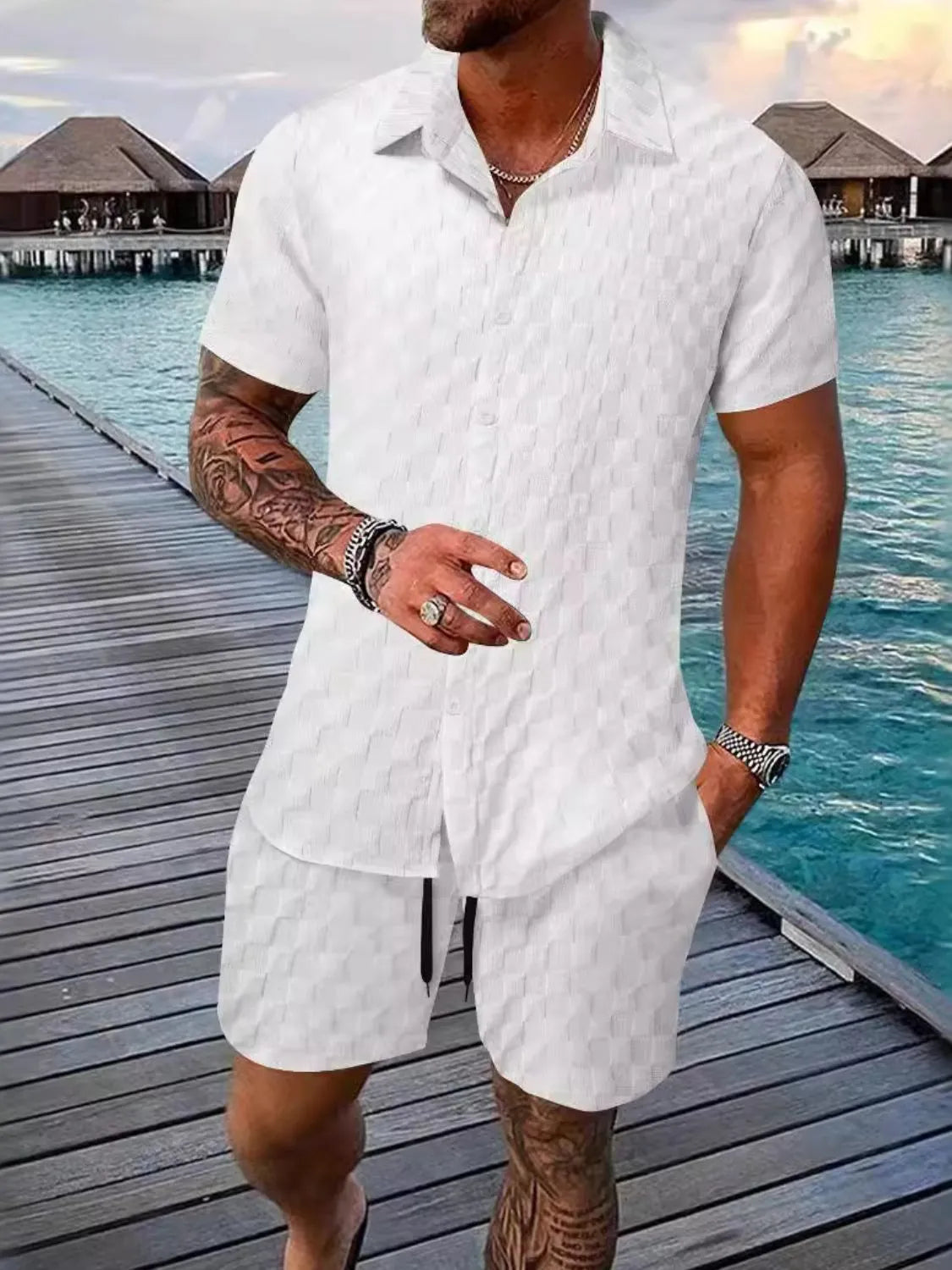 Men's Collared Neck Short Sleeve Top and Shorts Set