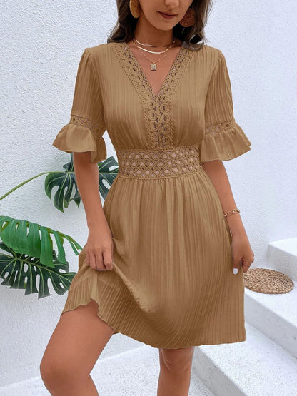 V-Neck Flounce Sleeve Mini Dress