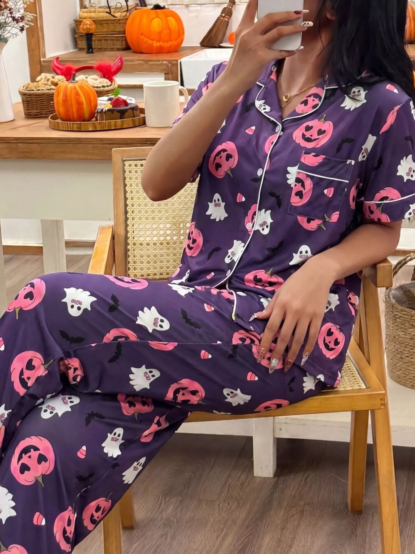Halloween Pumpkin Print Button-Down Top and Pants Set