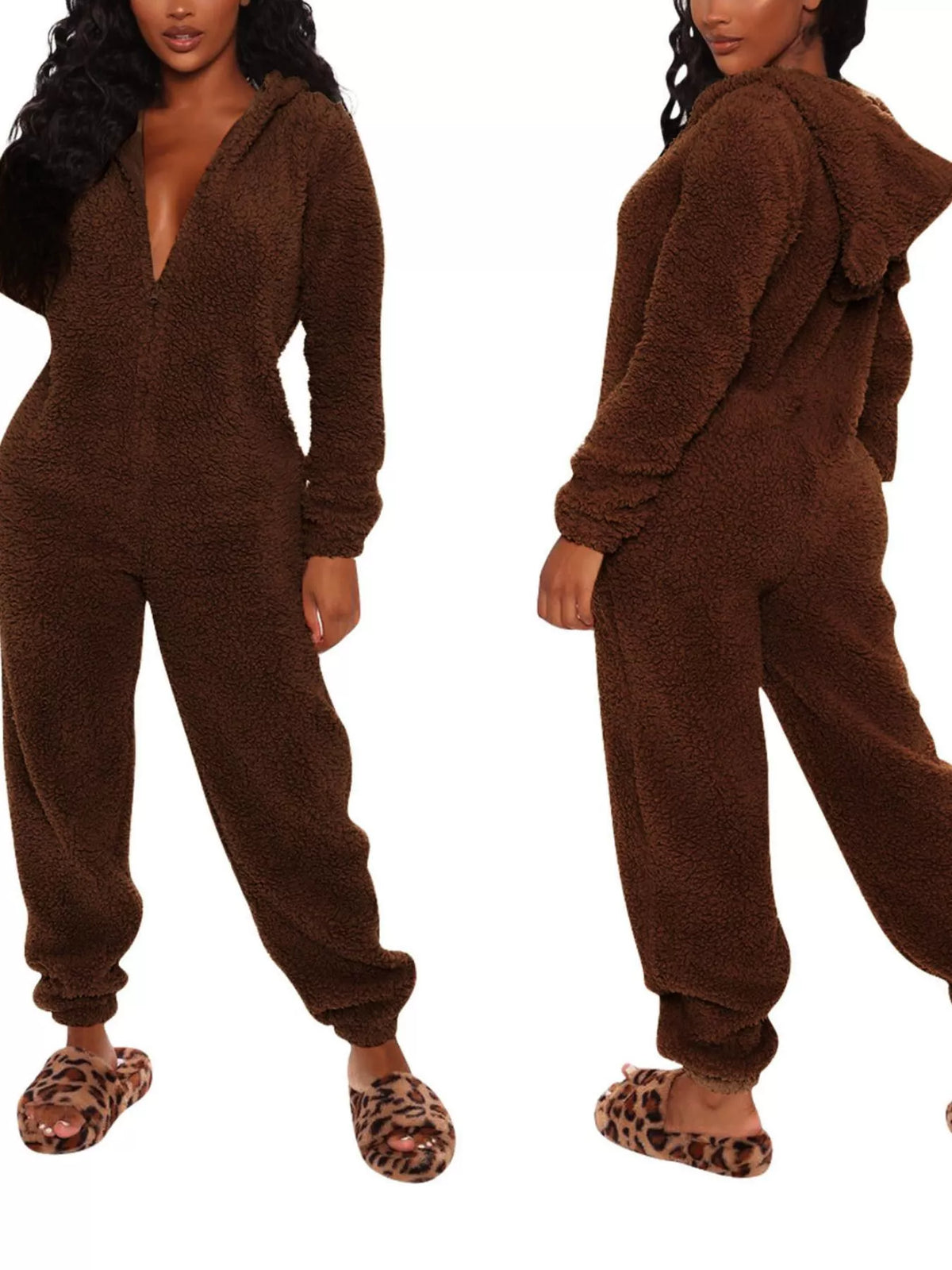 Full Size Fleece Zip-Up Hooded Jumpsuit Plus Size