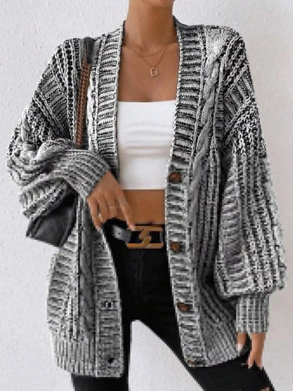 Women's black chunky cable knit button-down cardigan
