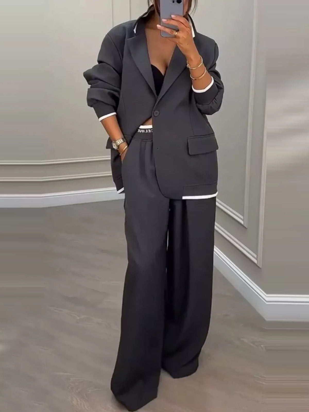 Full Size One Button Blazer & Wide Leg Pants Set Plus Size