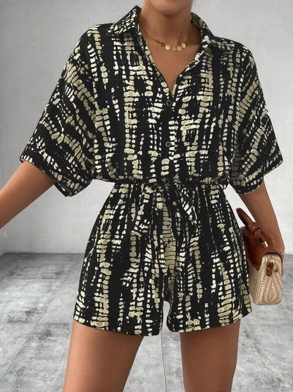 Striped Button-Up Belted Romper