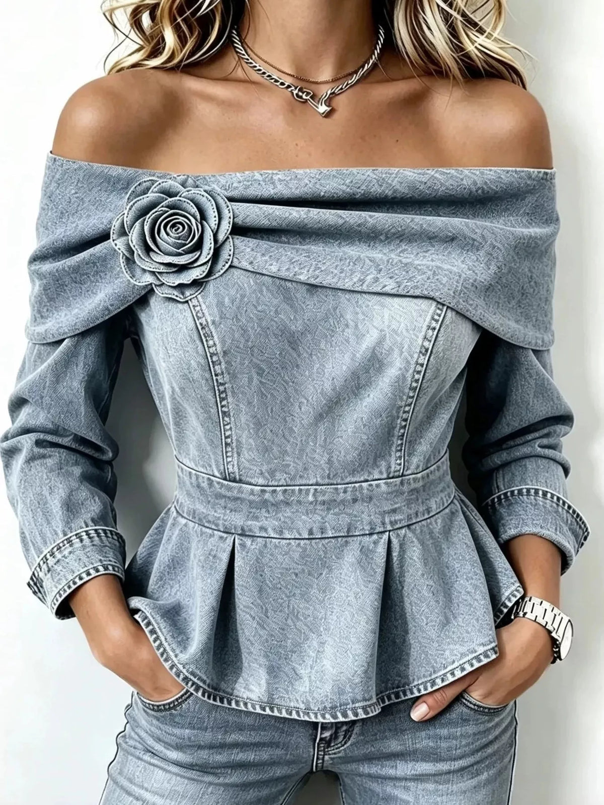 Plus Size Off-Shoulder Floral Denim Look Top
