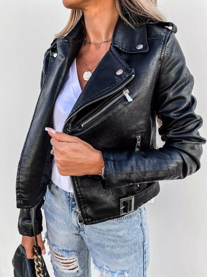Full Size Zip Up Leather Biker Jacket