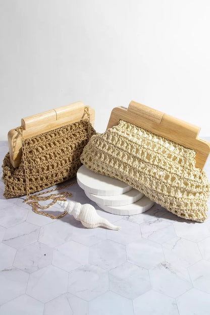 Wooden frame straw clutch, view 4