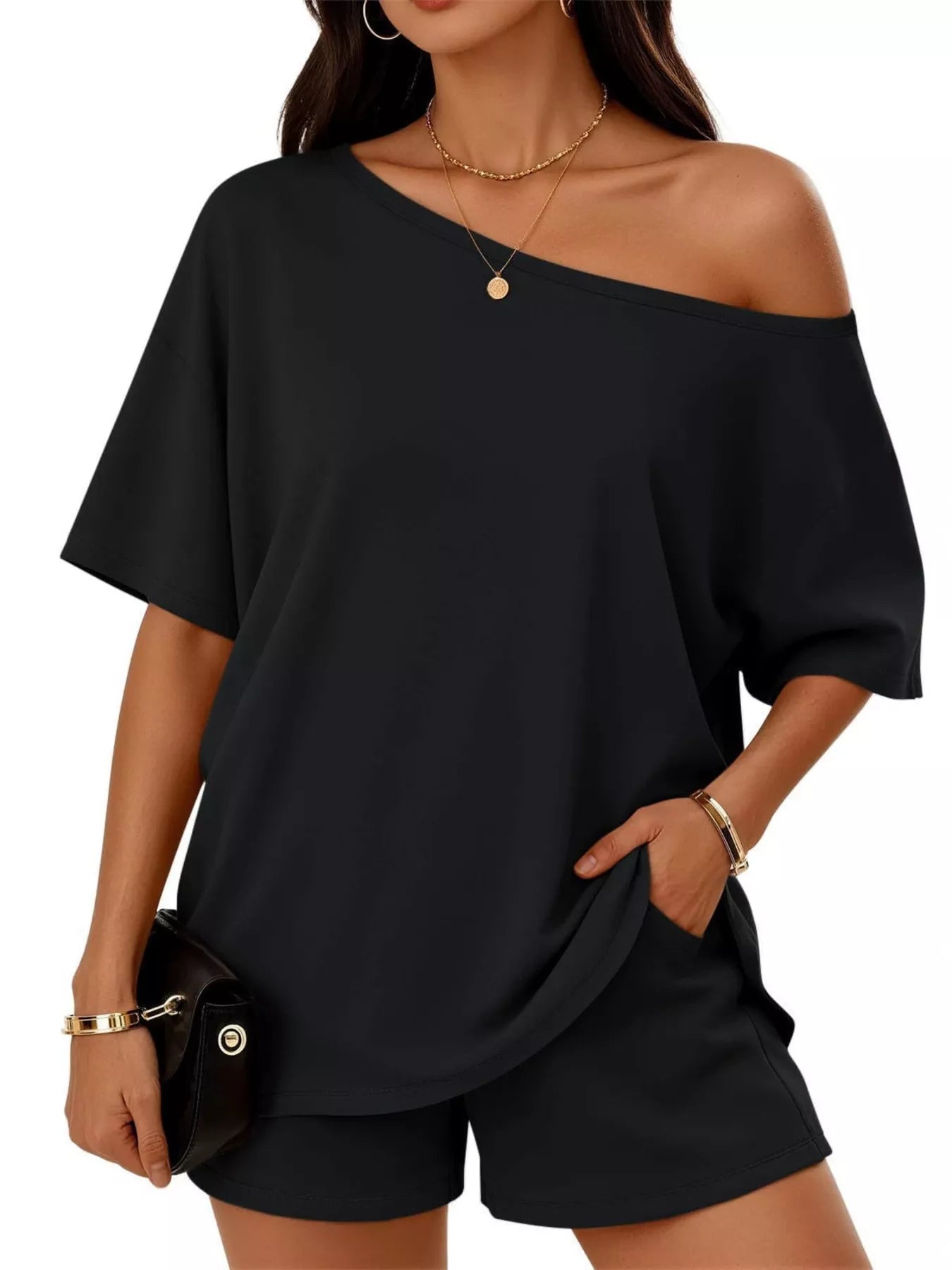 Full Size One Shoulder Top and Shorts Set Plus Size