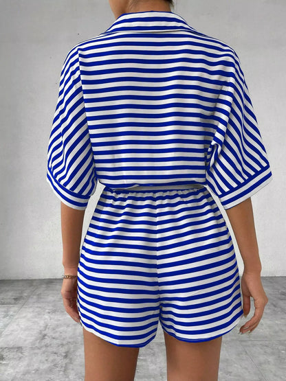 Striped Button Front Half Sleeve Romper