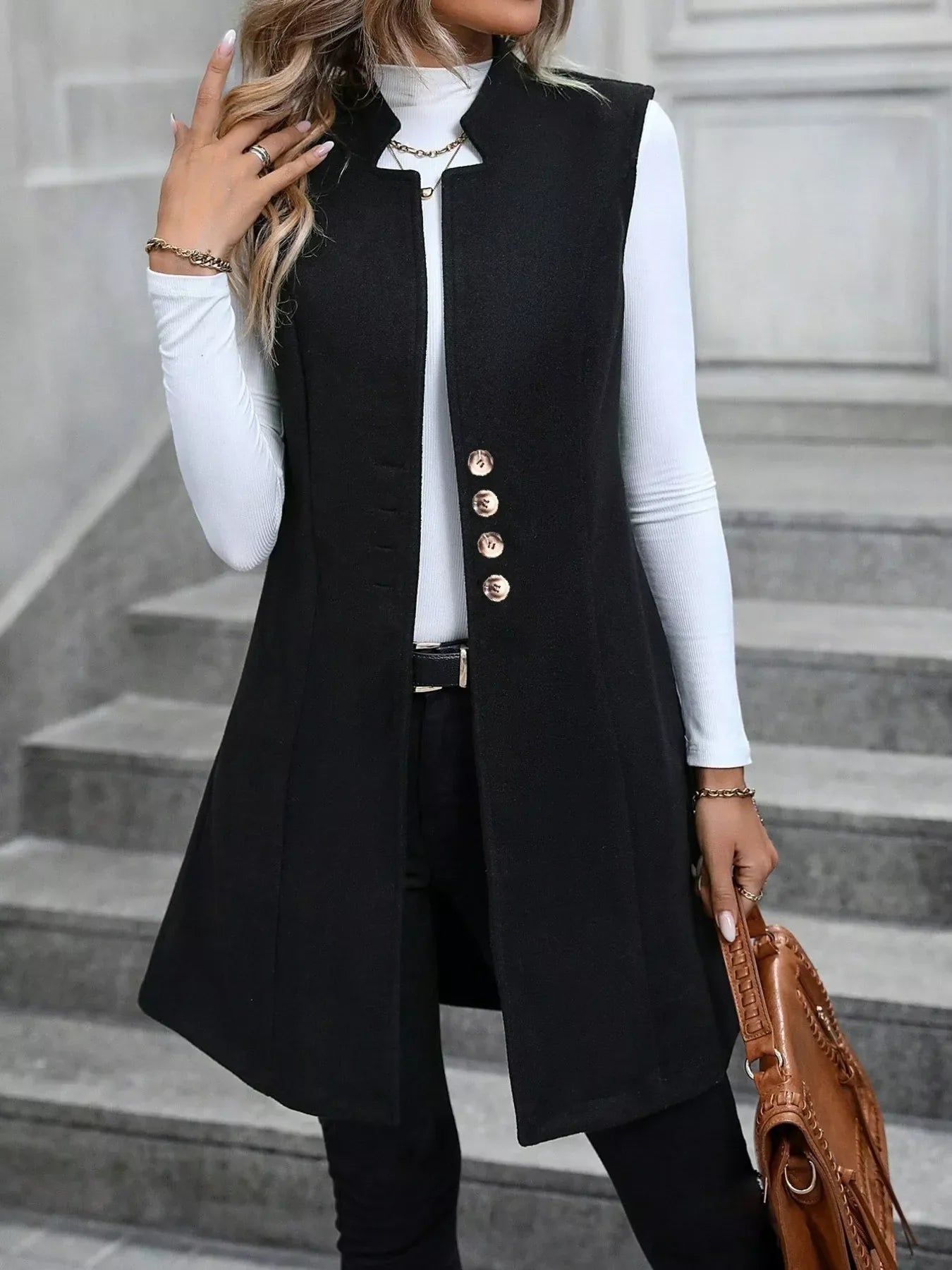 Button Up Sleeveless Longline Vest Coat
