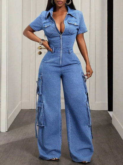 Zip Front Short Sleeve Denim Jumpsuit