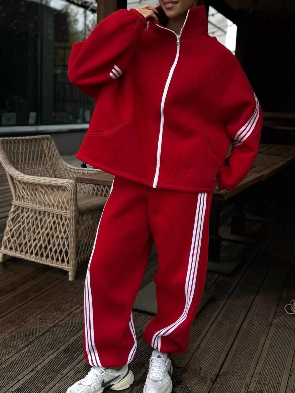 Contrast Striped Zip Up Top and Pants Set