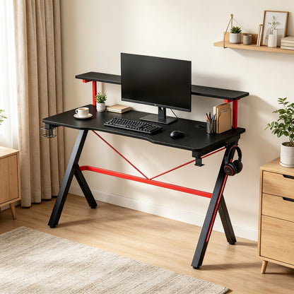 47 Inch Black Gaming Desk with Elevated Monitor