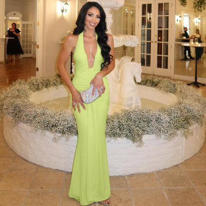 Deep V-neck off-shoulder ruffled dress