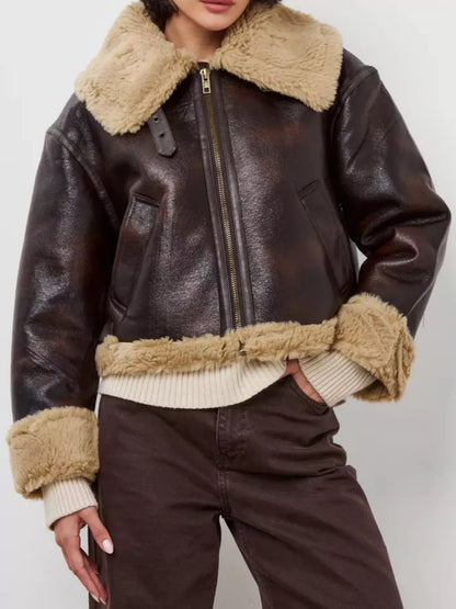 Women's plush-lined faux leather aviator jacket in coffee