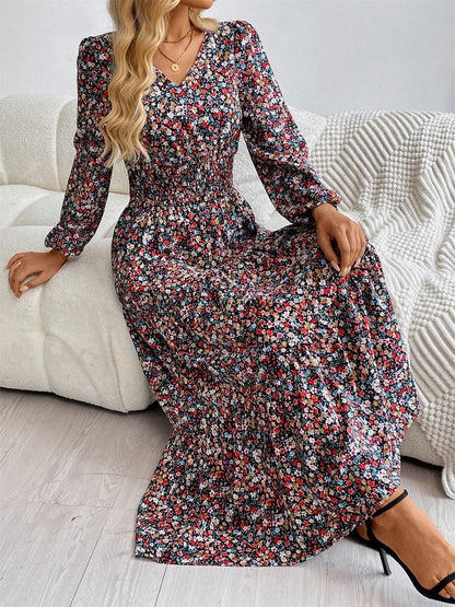 Printed V-Neck Long Sleeve Dress