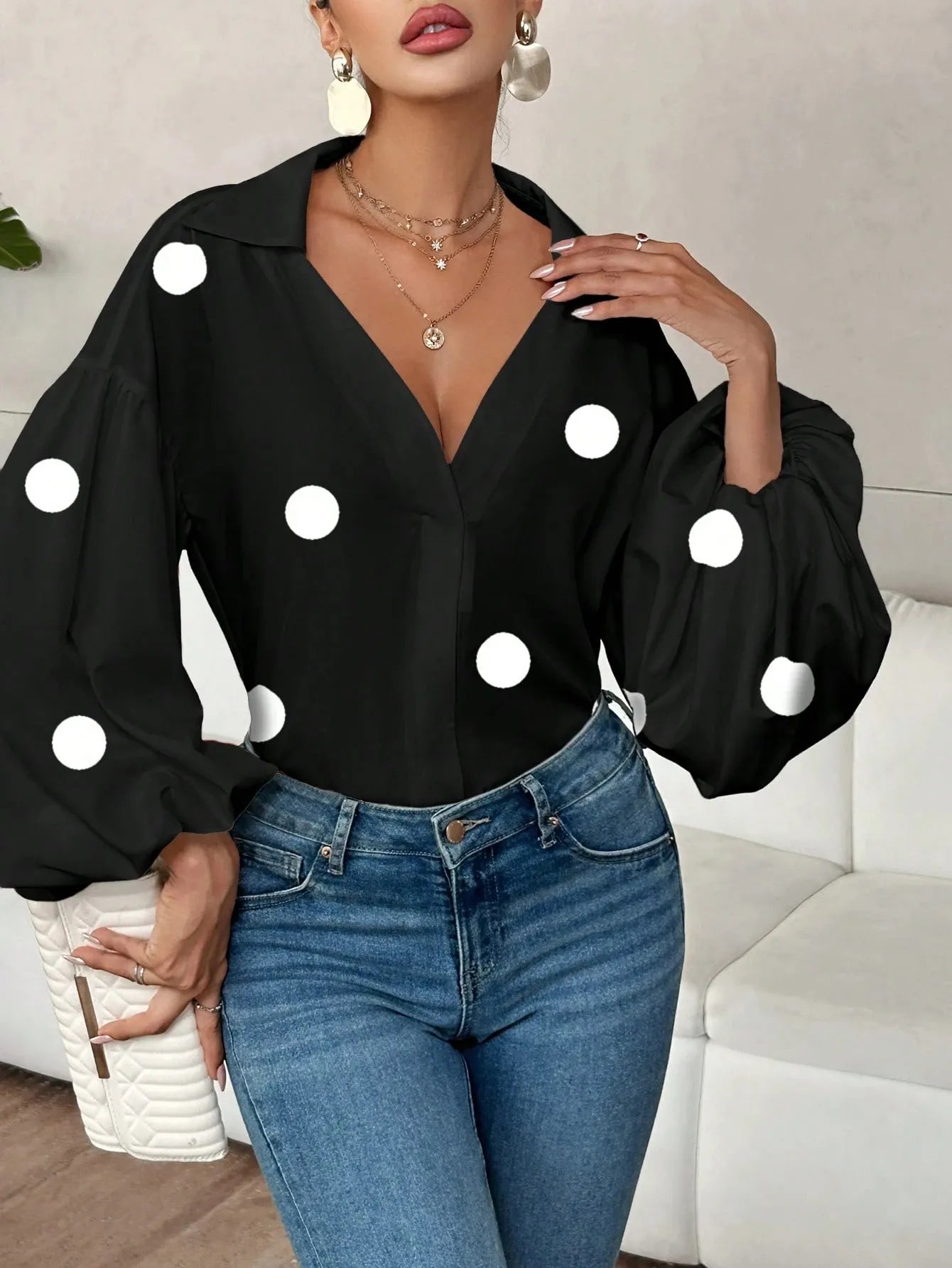 Polka Dot Balloon Sleeve Blouse