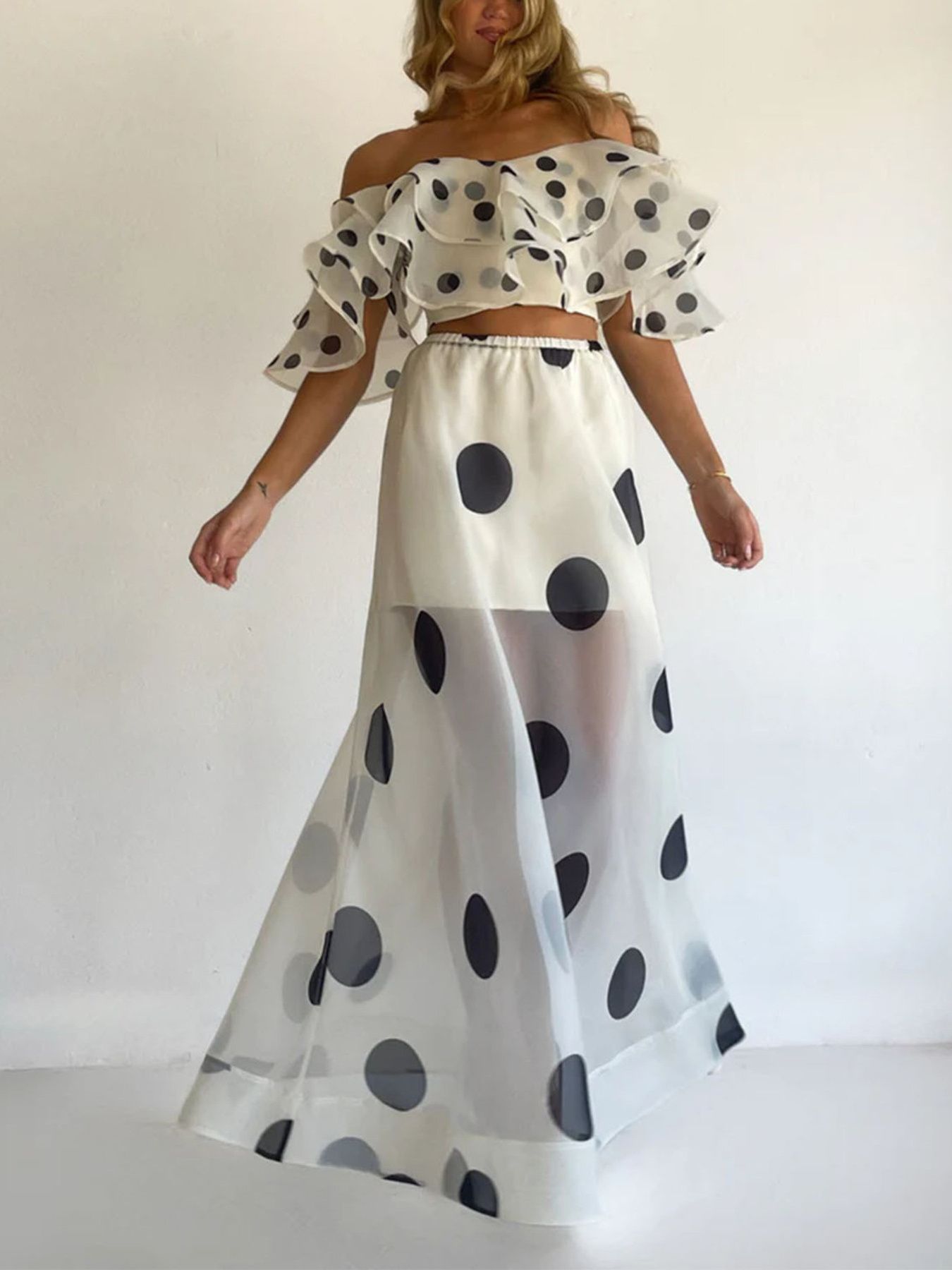 Polka Dot Ruffle Crop Top and Skirt Set