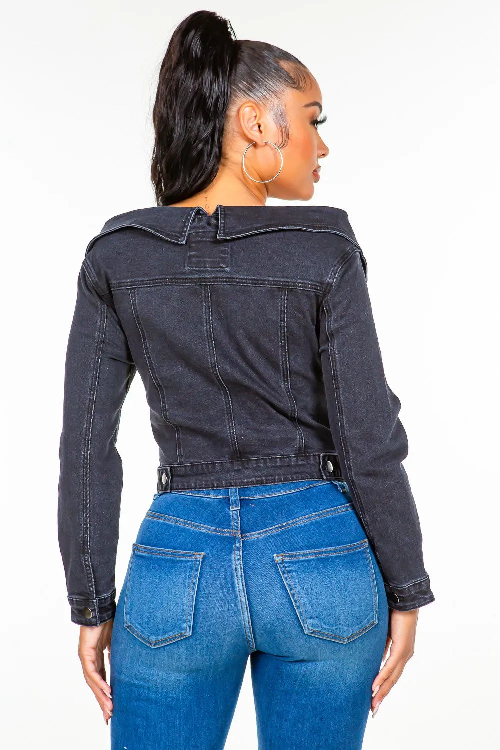 American Off Shoulder Lace Up Denim Jacket