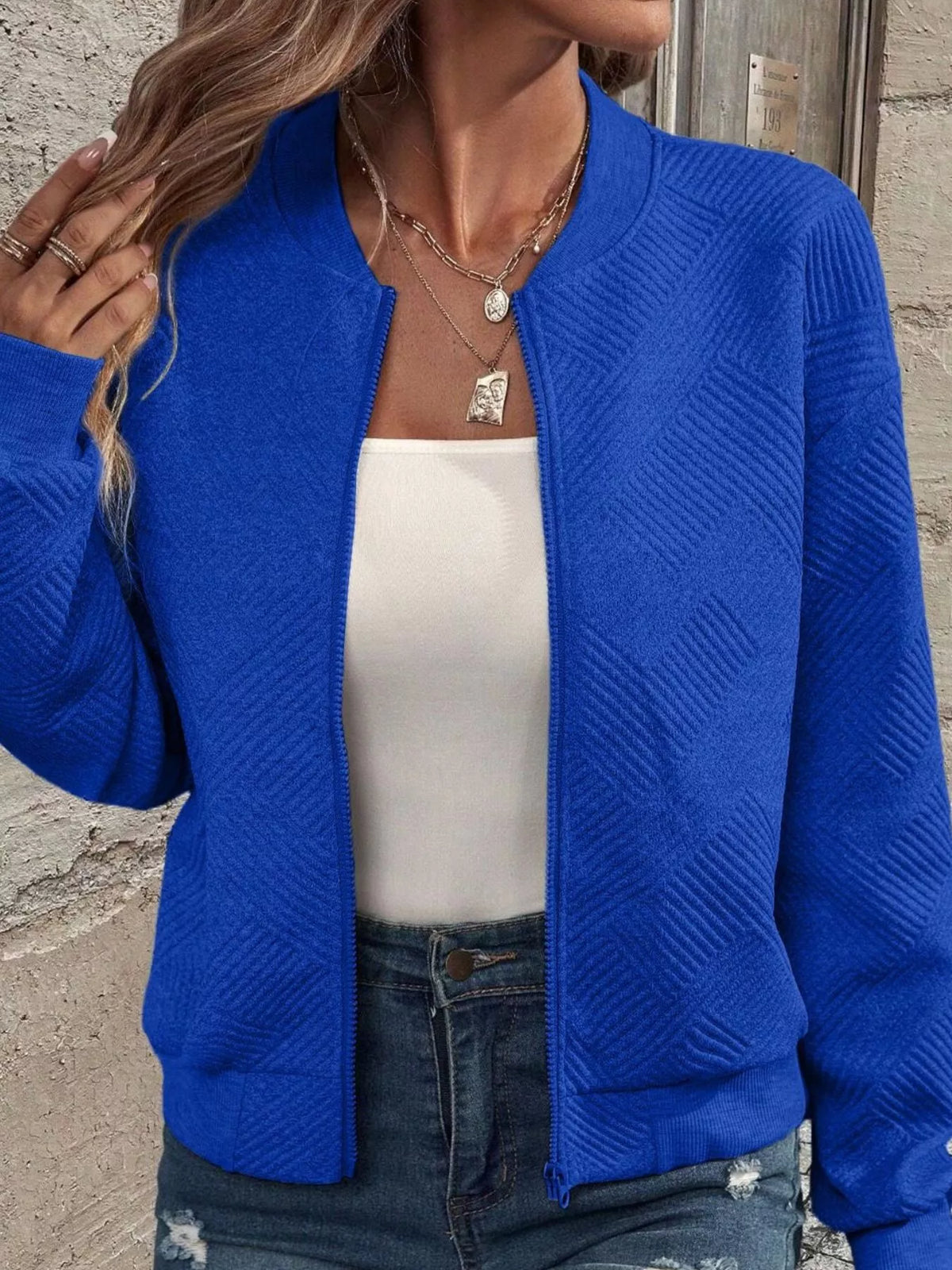 Textured Knit Zip-Up Jacket