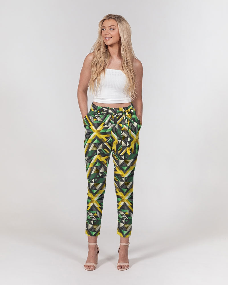 Diamond Pattern Women's All-Over Print Belted Tapered Pants