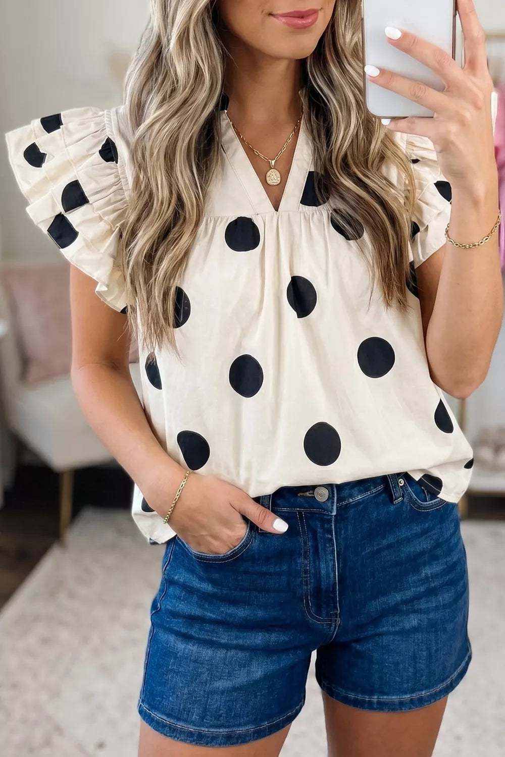 Casual Polka Dot V-Neck Short Sleeve Blouse