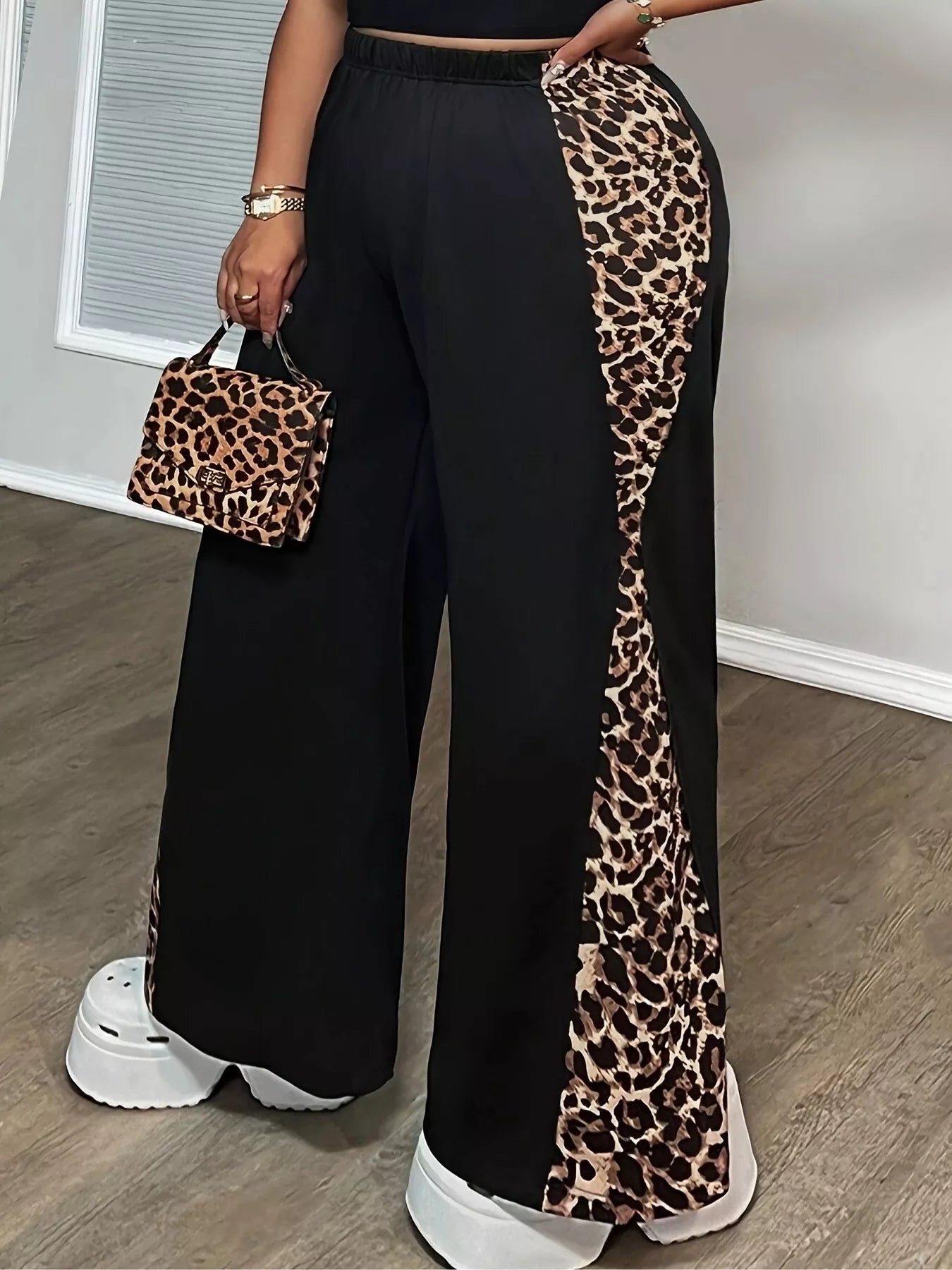 Plus Size Leopard Print Wide Leg Pants