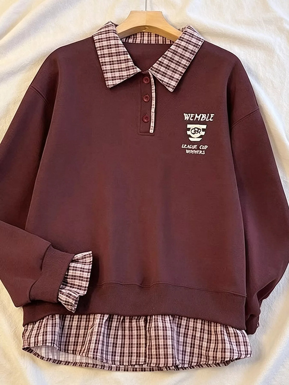 Plaid Collared Faux-Layered Hem Sweatshirt