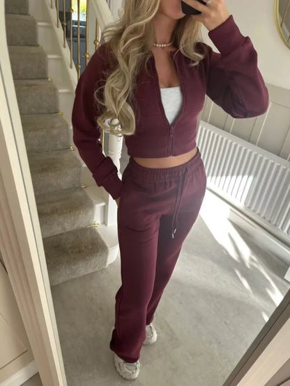 Zip-Up Crop Hoodie and High-Waisted Pants Set