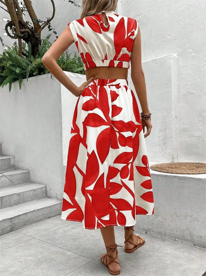 Cutout Printed Cap Sleeve Midi Dress