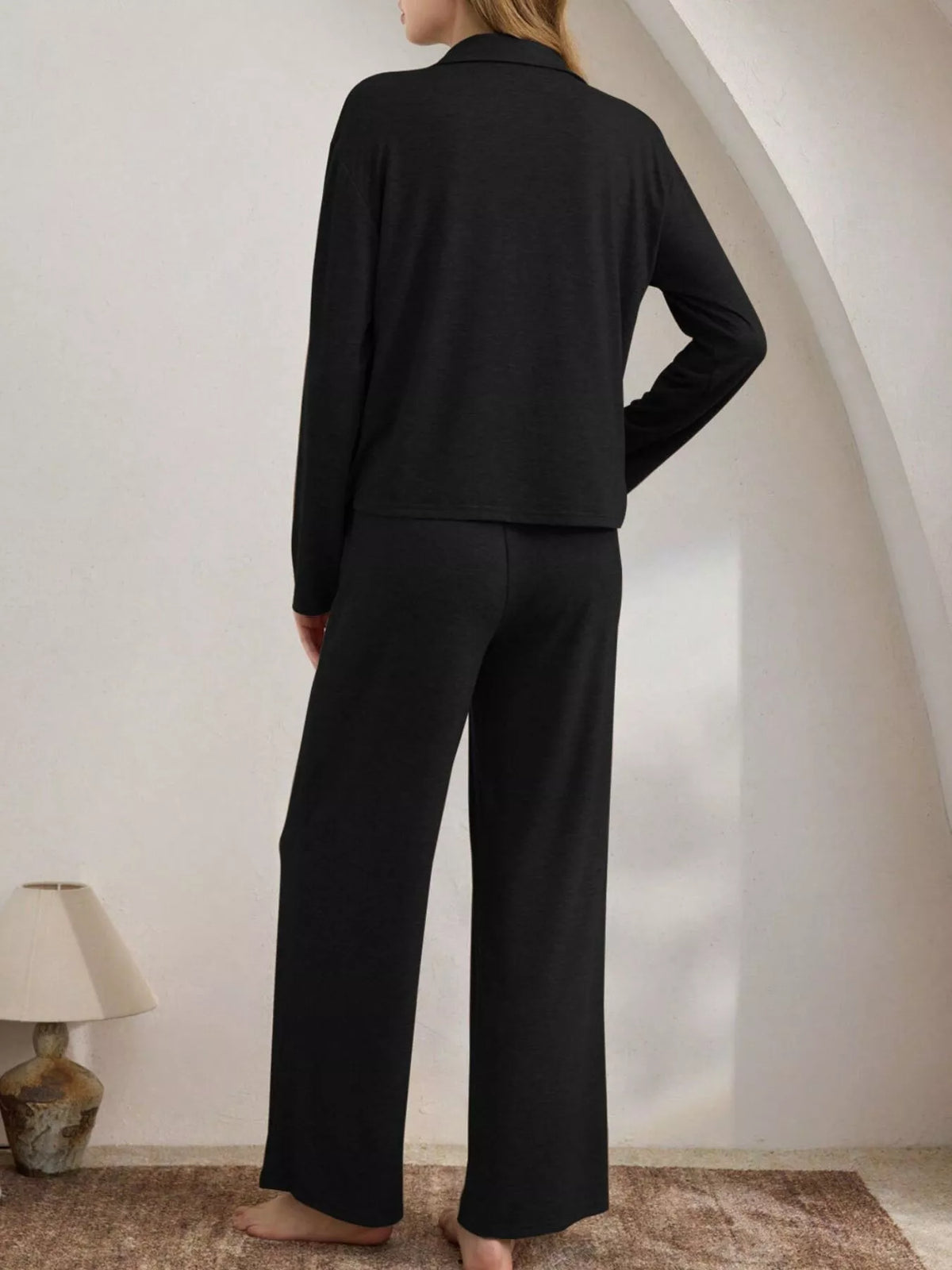 Button-Down Top and Wide-Leg Pants Lounge Set