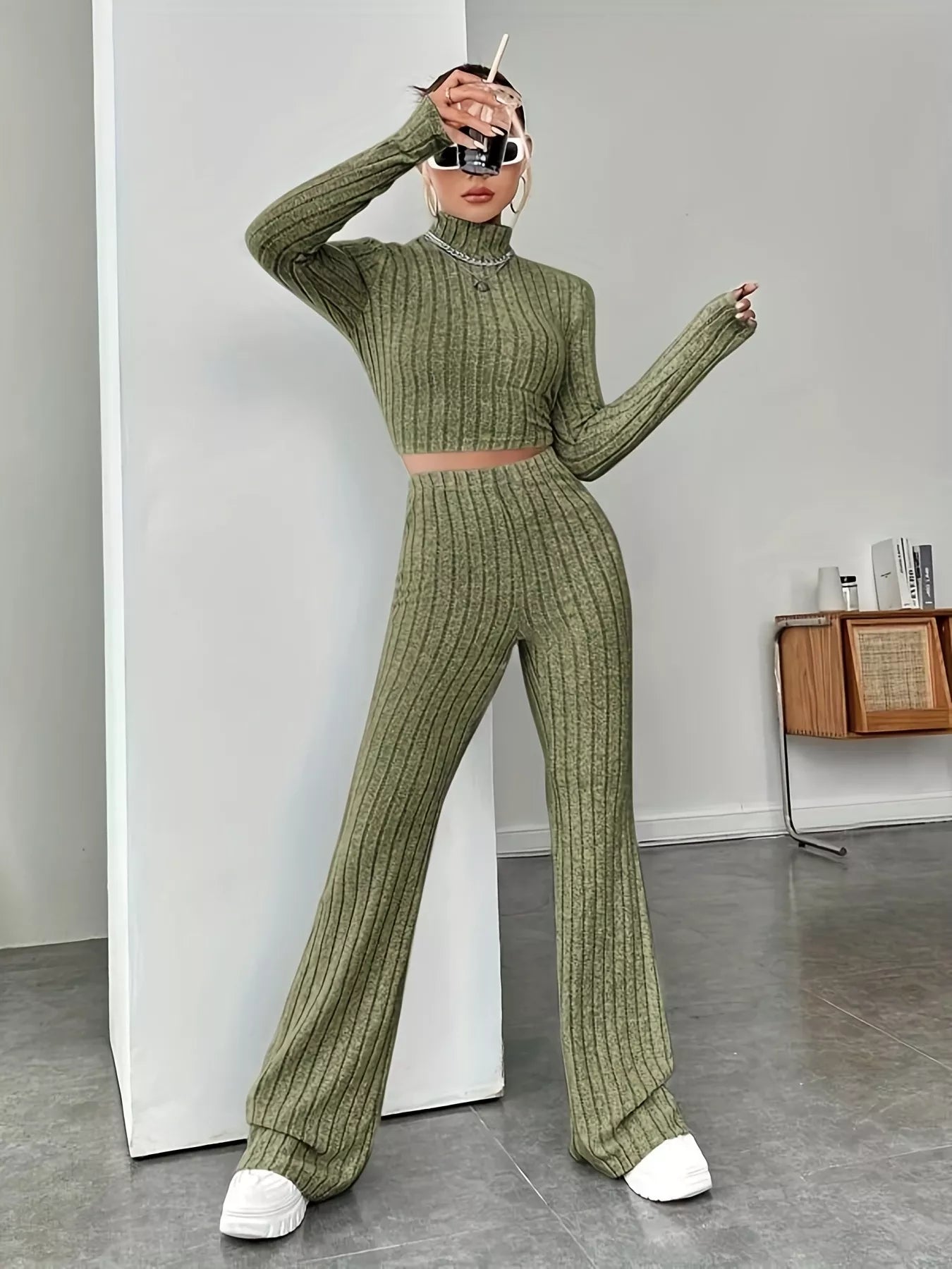 Ribbed Turtleneck Crop Top and Flare Pants Sweater Set
