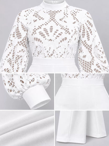 Plus Size Lace Lantern Sleeve Flare Jumpsuit
