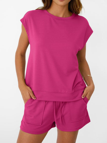 Round Neck Cap Sleeve Top and Shorts Set