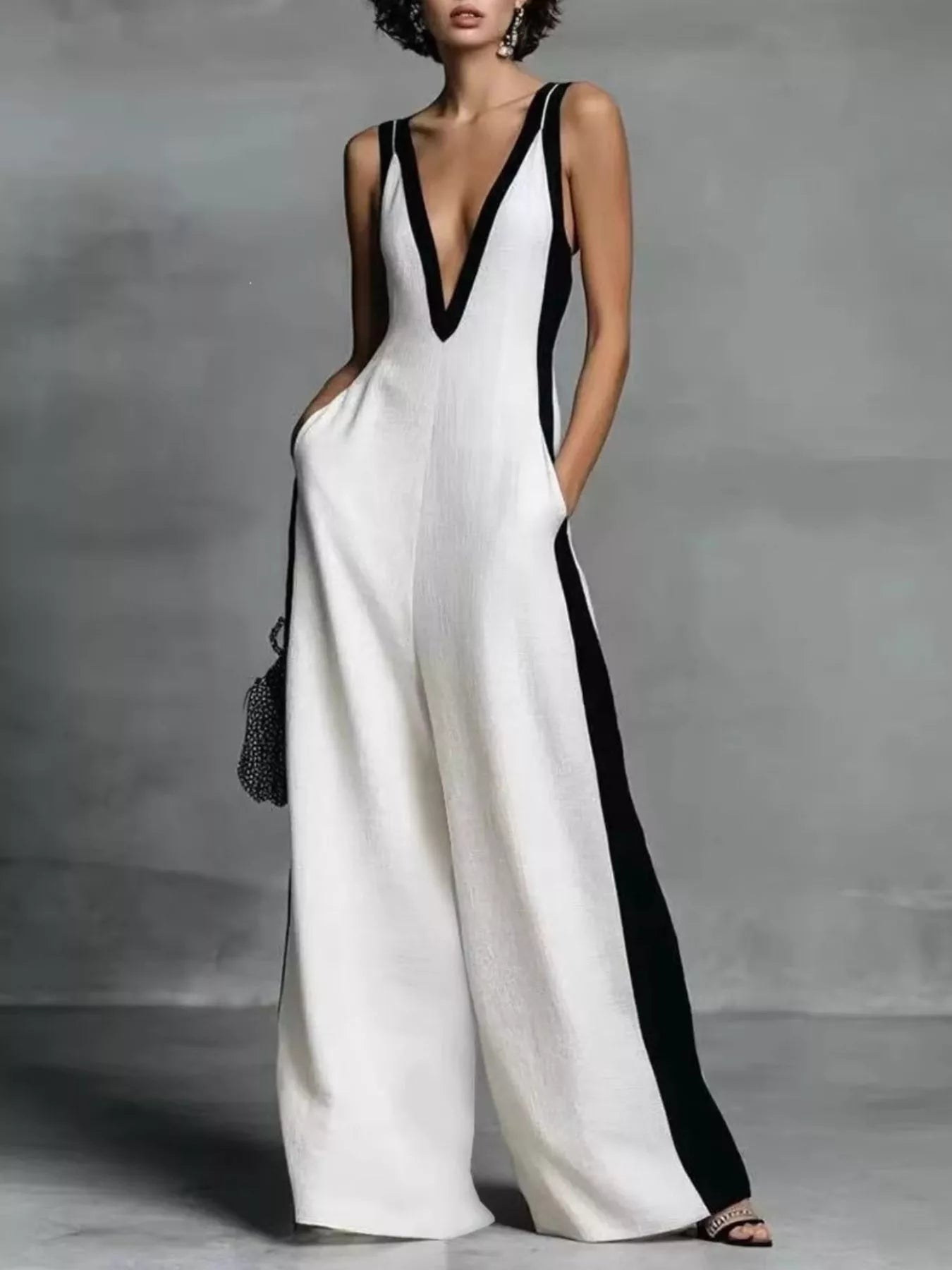 Deep V-Neck Wide-Leg Jumpsuit