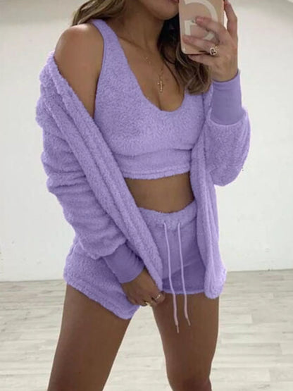 Full Size Fuzzy Tank, Cardigan and Shorts Set Plus Size