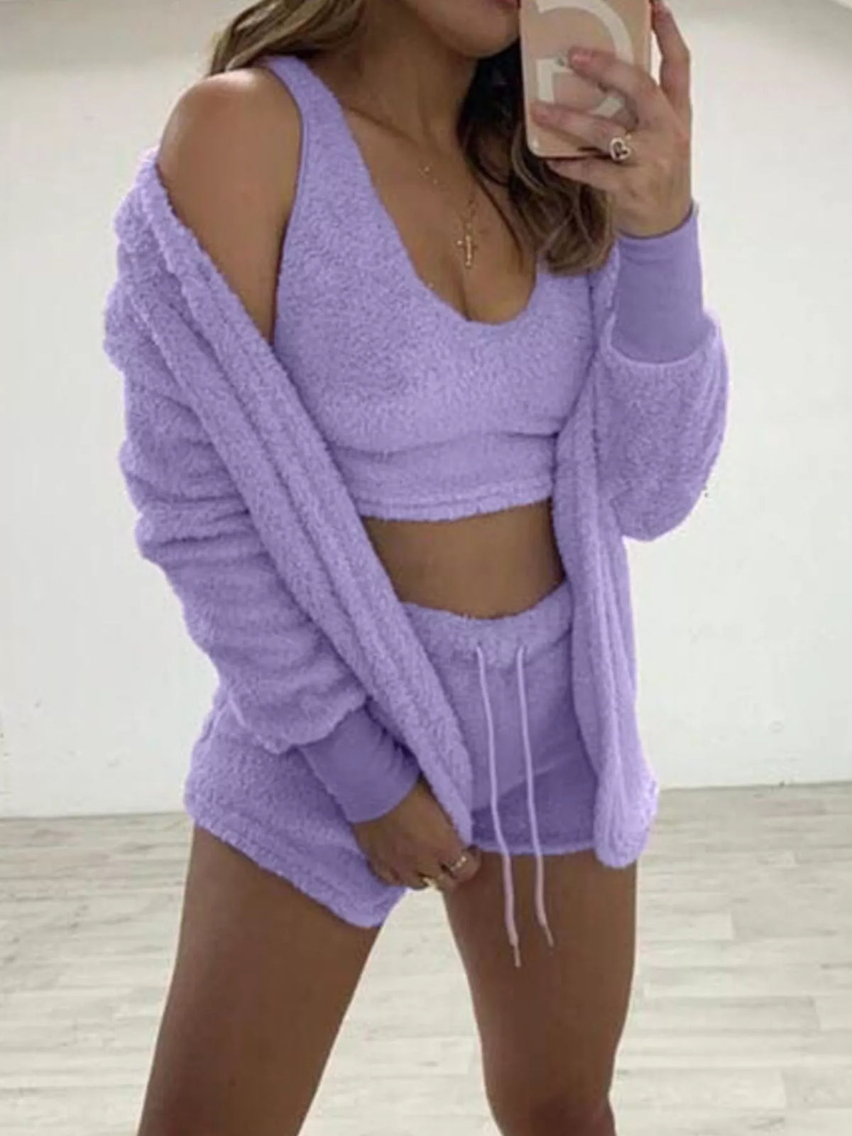 Full Size Fuzzy Tank, Cardigan and Shorts Set Plus Size