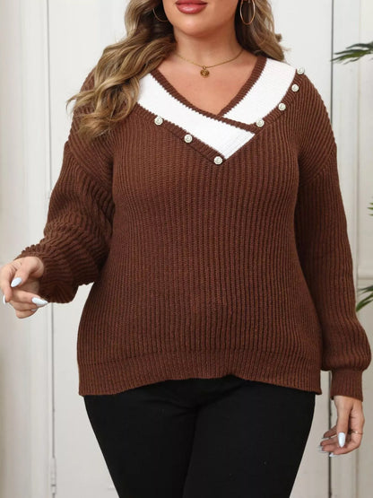 Plus Size Contrast Trim Button-Decorated Sweater