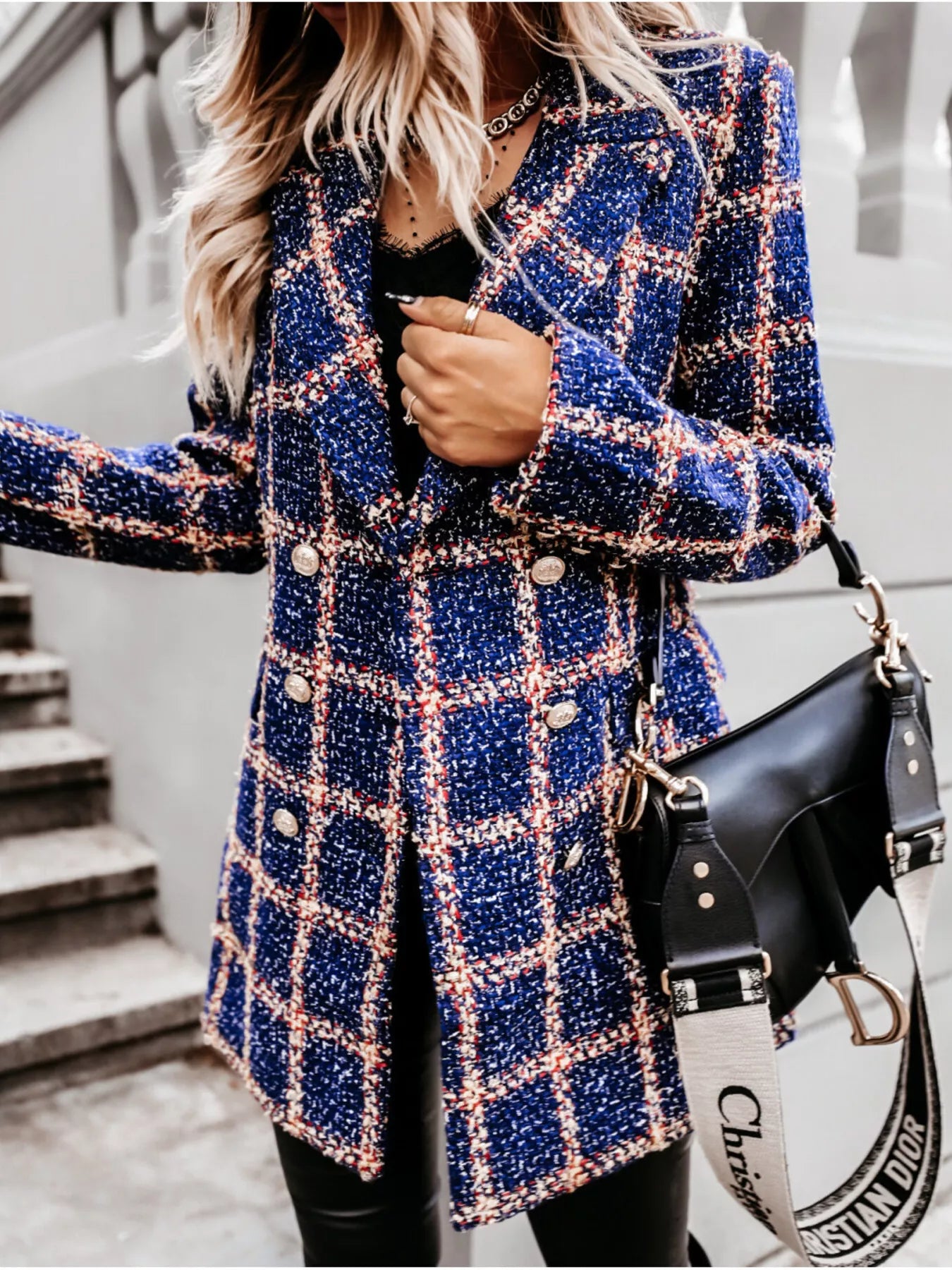 Plaid Tweed Double-Breasted Coat