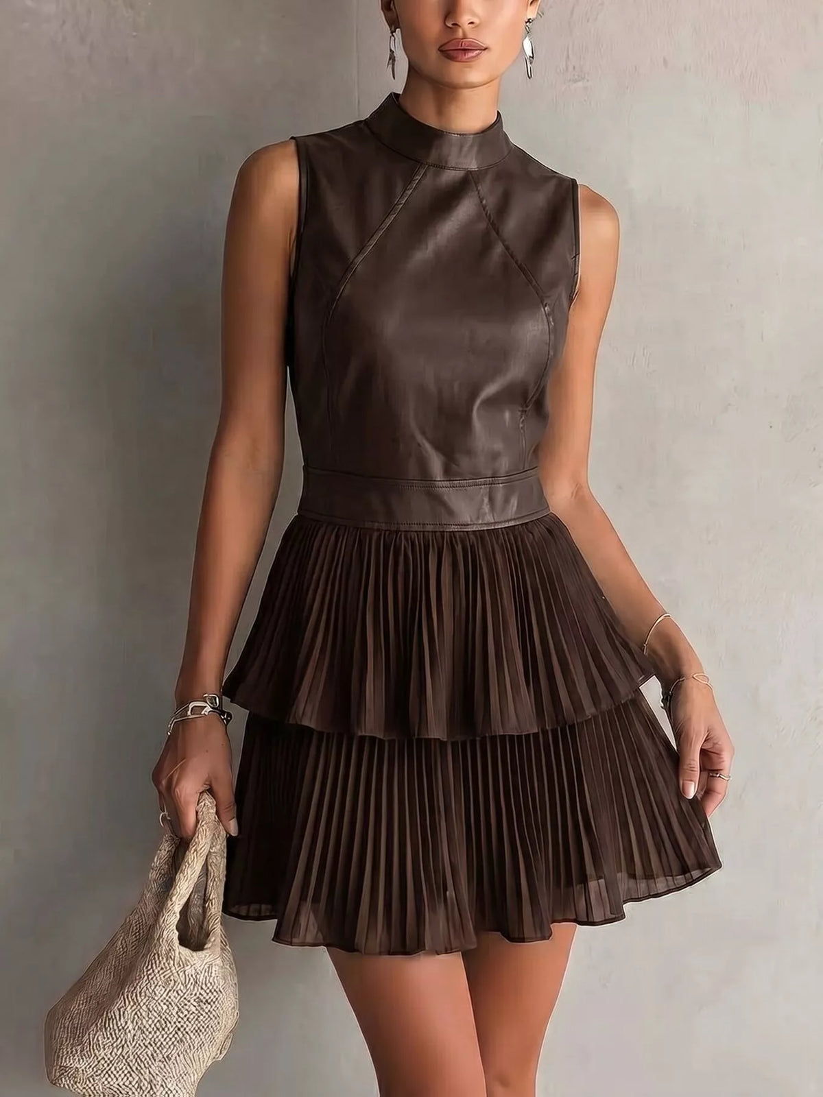 Sleeveless Faux Leather Pleated Mini Dress