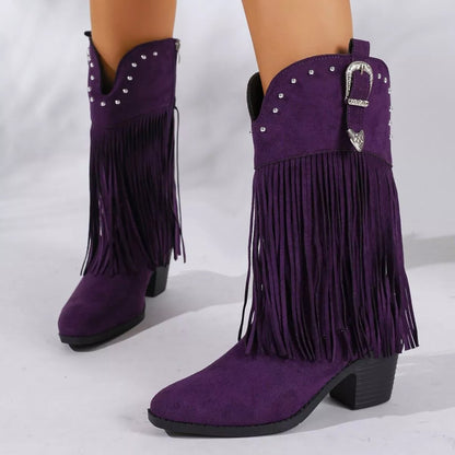 Fringe Round Toe Block Heels Boots